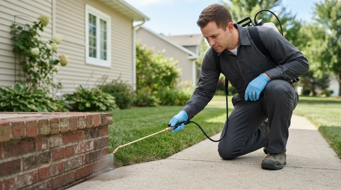Pest control technician treating a home near Seaford, VA
